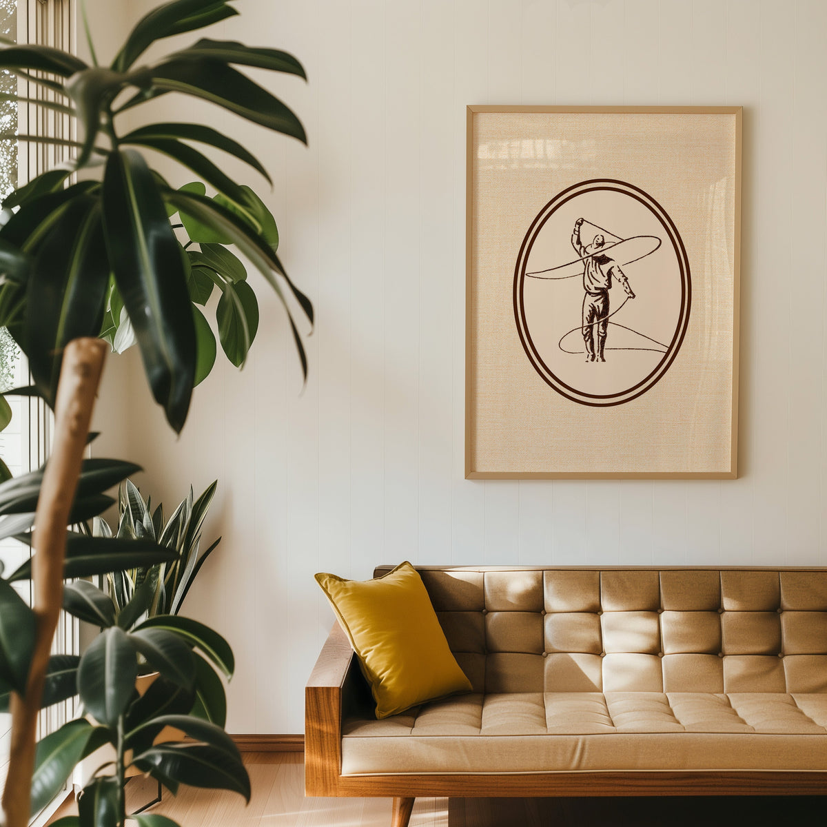 Lasso cowboy oval western print in an oak frame above a tan leather sofa
