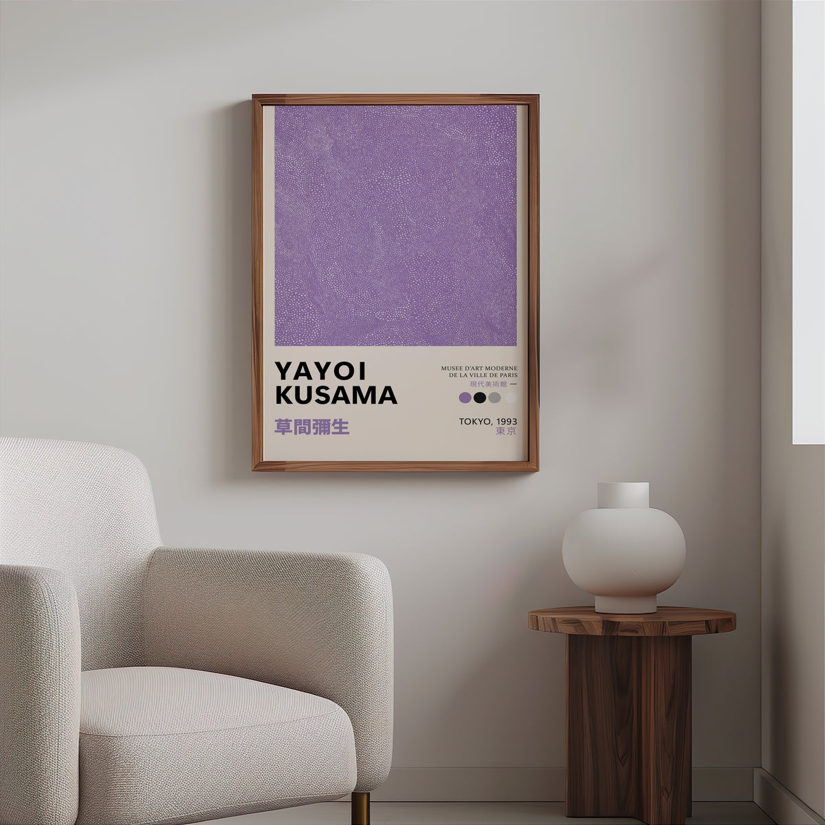 Yayoi Kusama inspired lavender dotted texture print above a cream boucle armchair