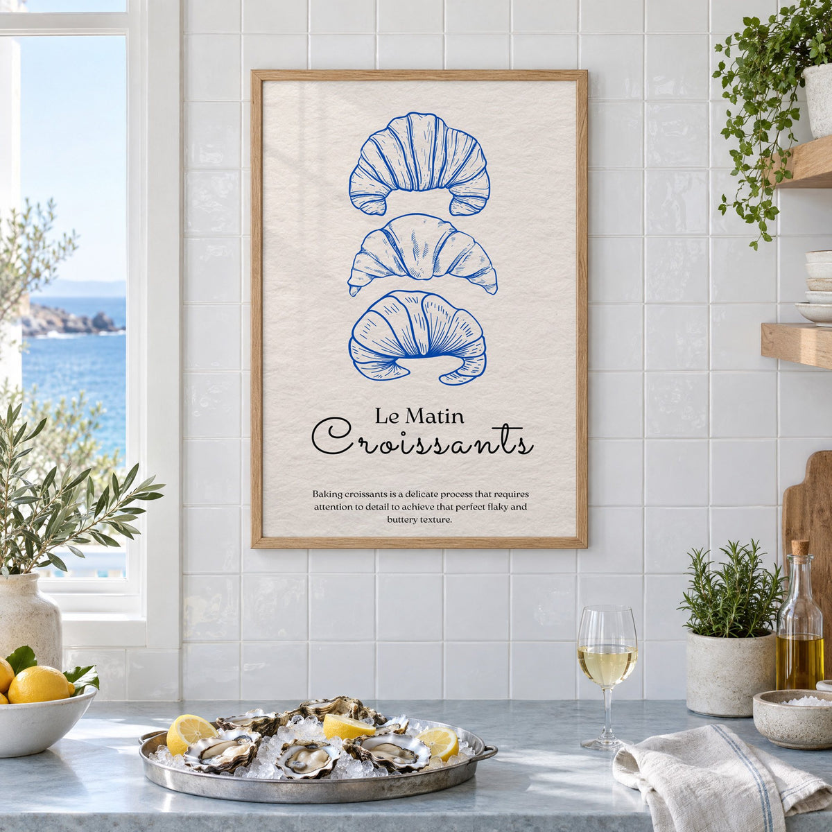 Le Matin Croissants cobalt engraving print in an oak frame on white tiles above a marble counter with oysters and lemons by a sea view