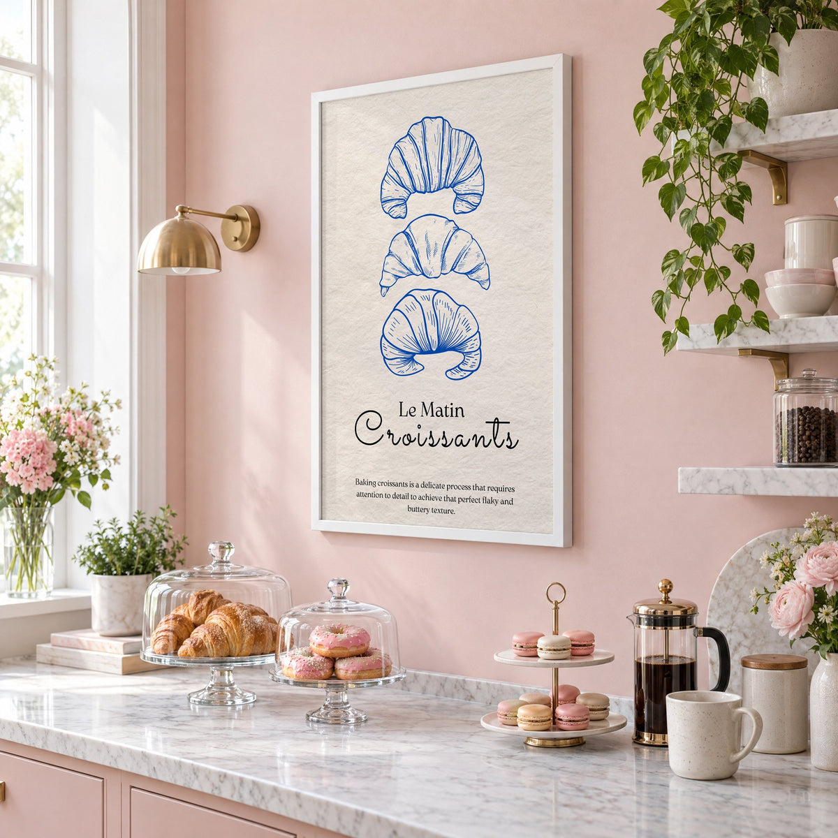 Le Matin Croissants cobalt engraving print in a white frame on a blush pink wall above a patisserie counter with croissants and macarons, seen at an angle