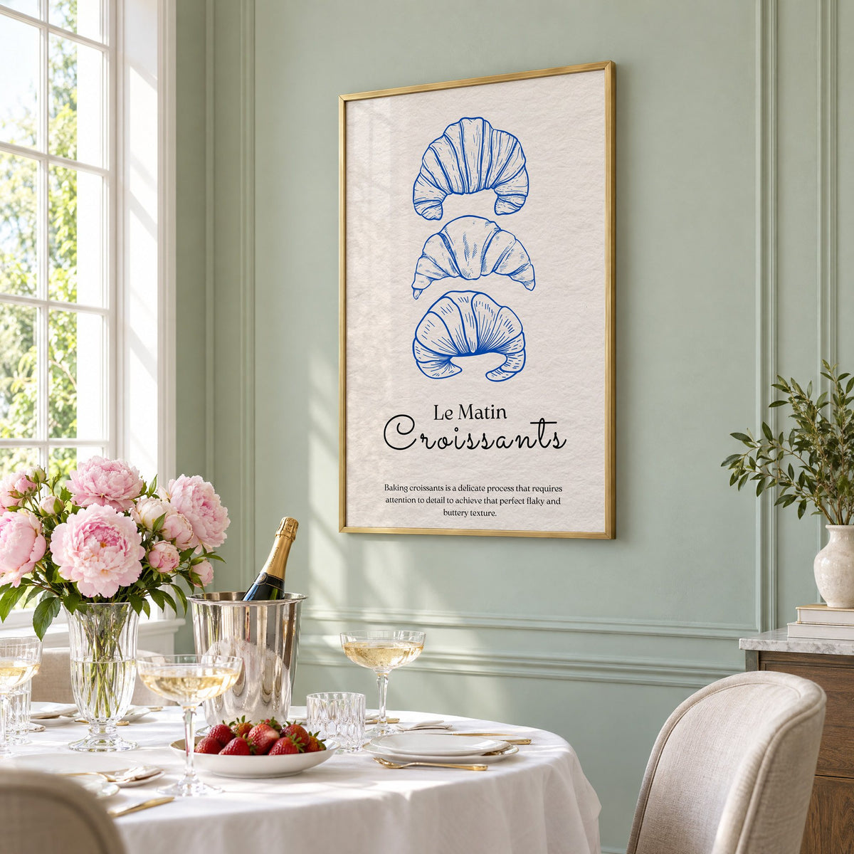 Le Matin Croissants cobalt engraving print in a brass frame on a sage wall above a brunch table with champagne and peonies, seen at an angle