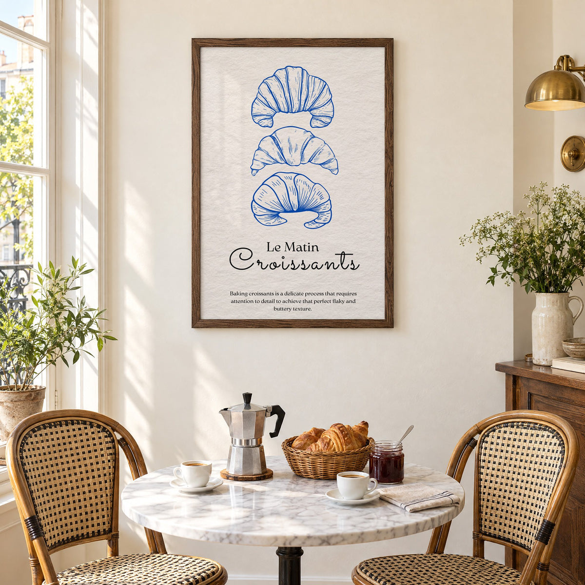 Le Matin Croissants cobalt engraving print in a walnut frame above a marble bistro table with croissants and rattan chairs
