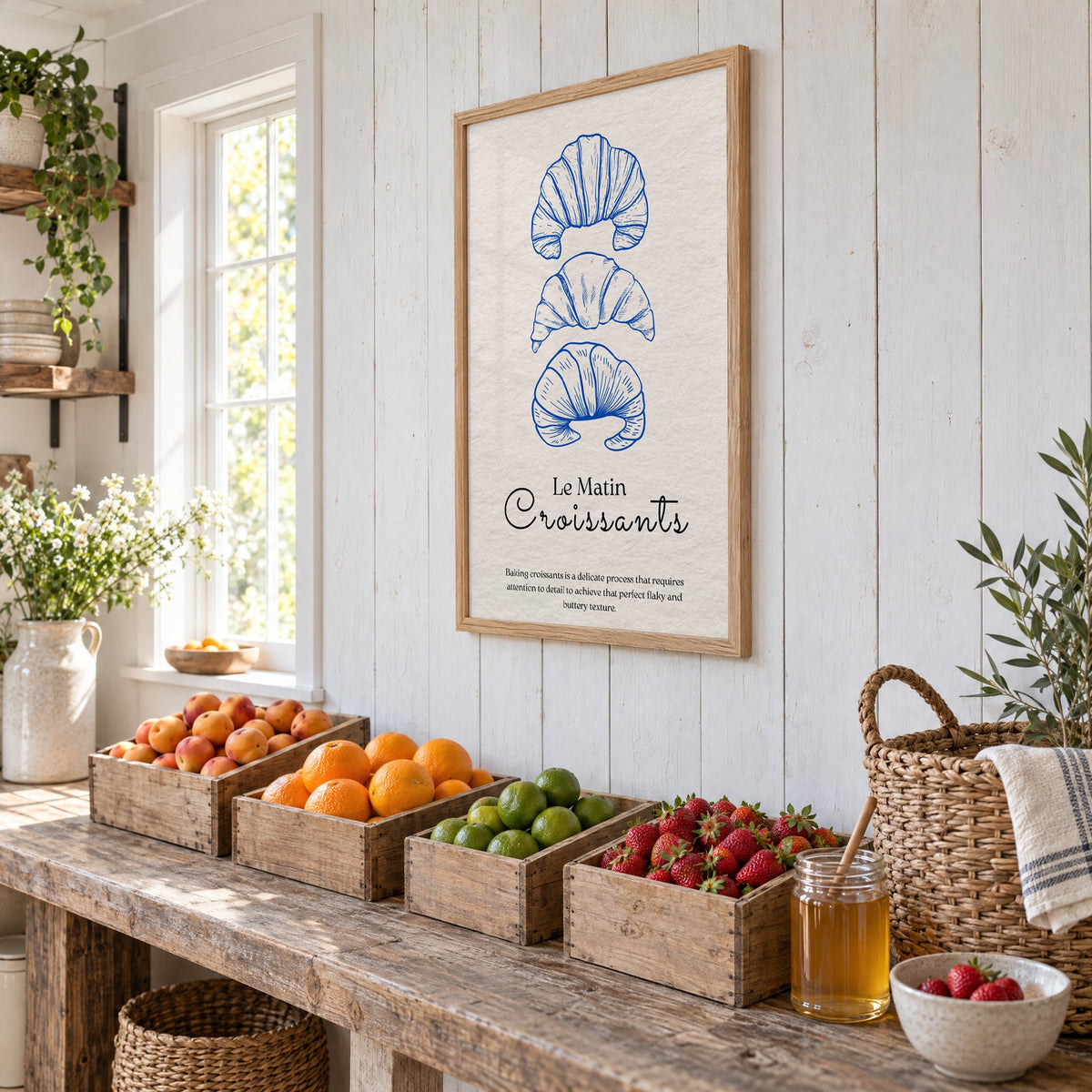 Le Matin Croissants cobalt engraving print in an oak frame on white plank walls above wooden crates of fresh fruit, seen at an angle