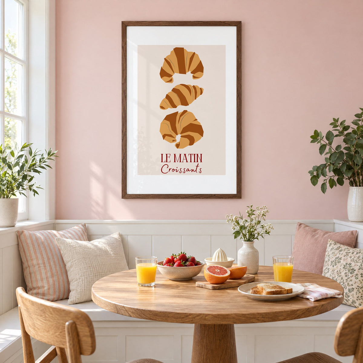 LE MATIN Croissants caramel trio print in a walnut frame on a pastel pink wall above a breakfast nook with strawberries and orange juice