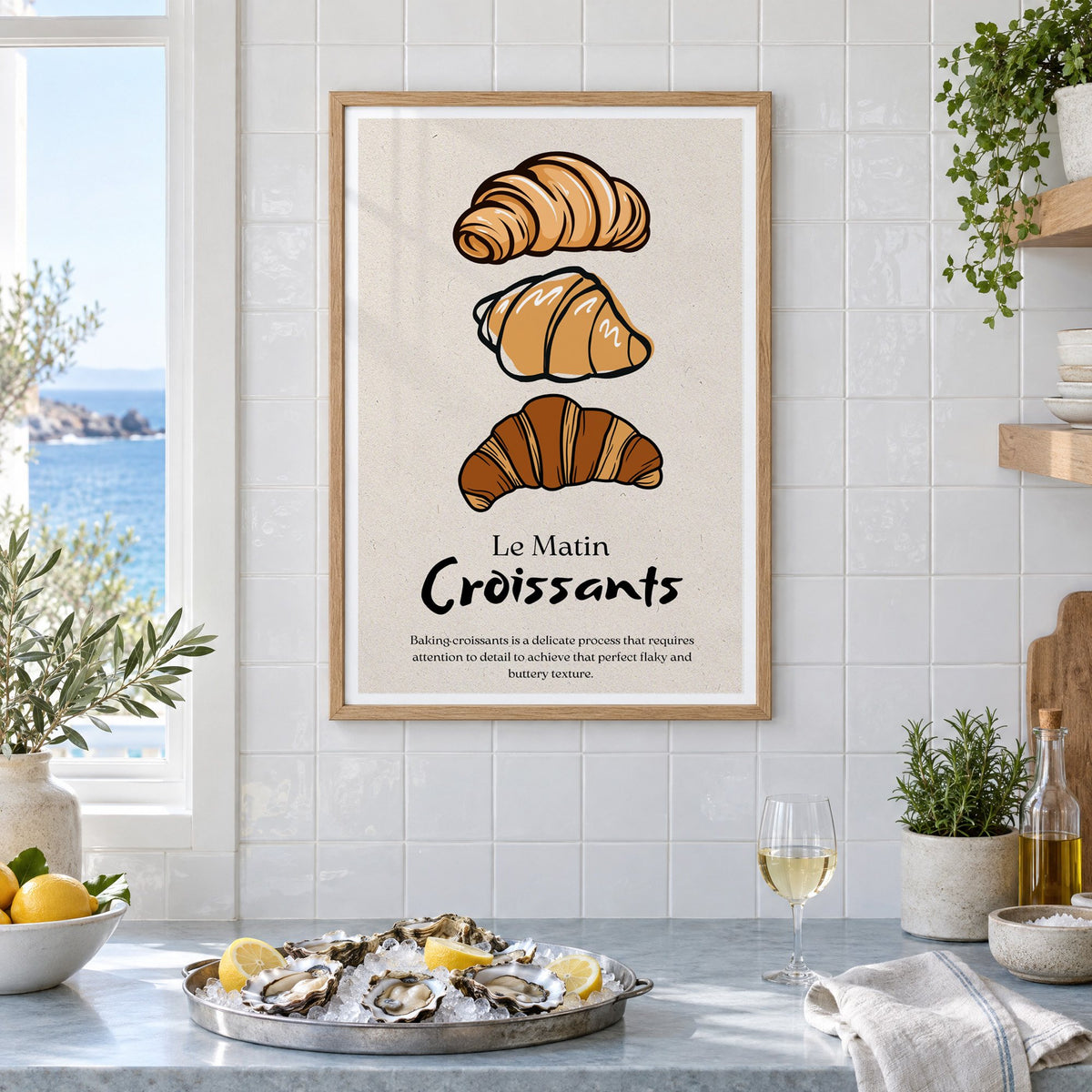 Le Matin Croissants three croissants print in an oak frame on white tiles above a marble counter with oysters and lemons by a sea view