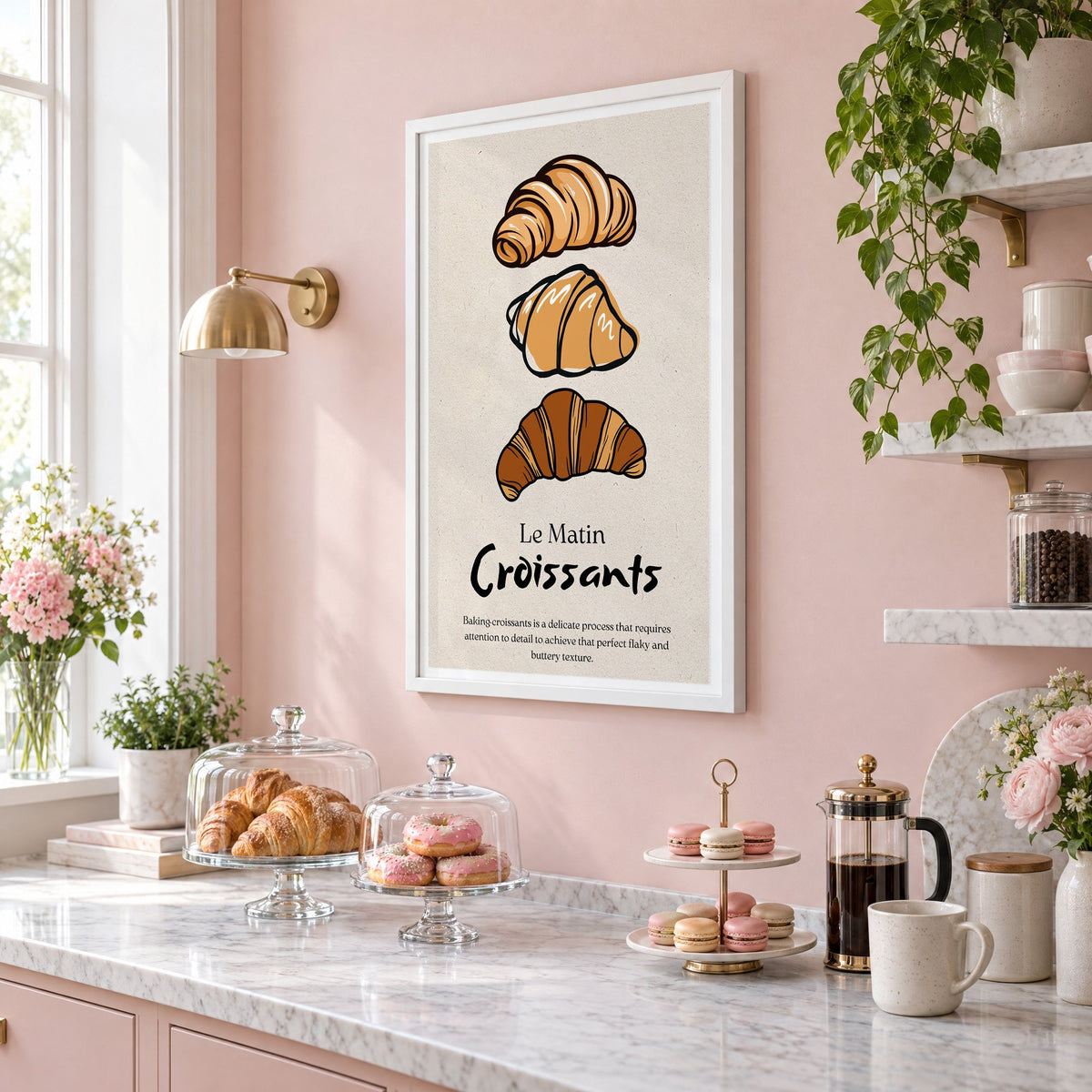 Le Matin Croissants three croissants print in a white frame on a blush pink wall above a patisserie counter with croissants and macarons, seen at an angle