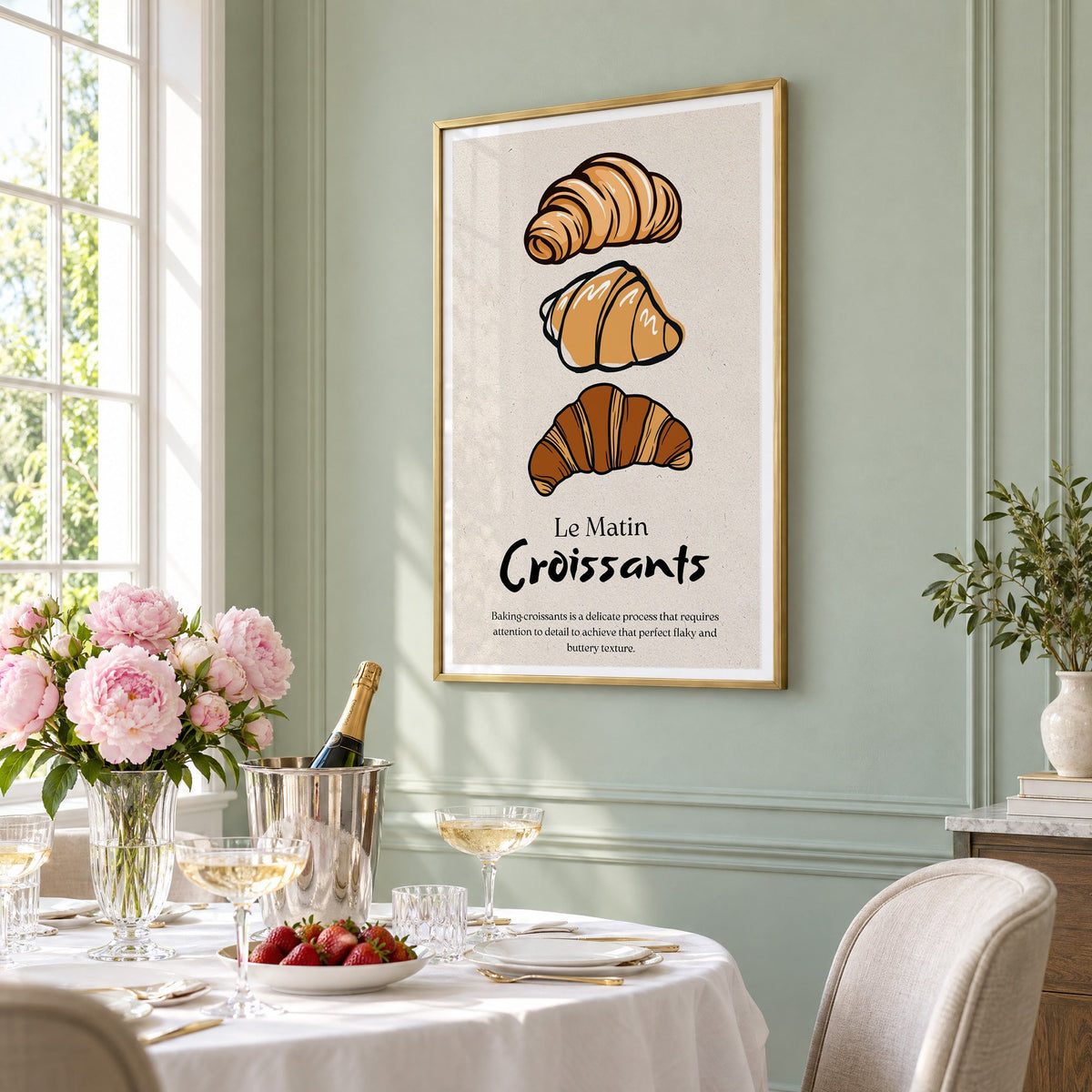 Le Matin Croissants three croissants print in a brass frame on a sage wall above a brunch table with champagne and peonies, seen at an angle