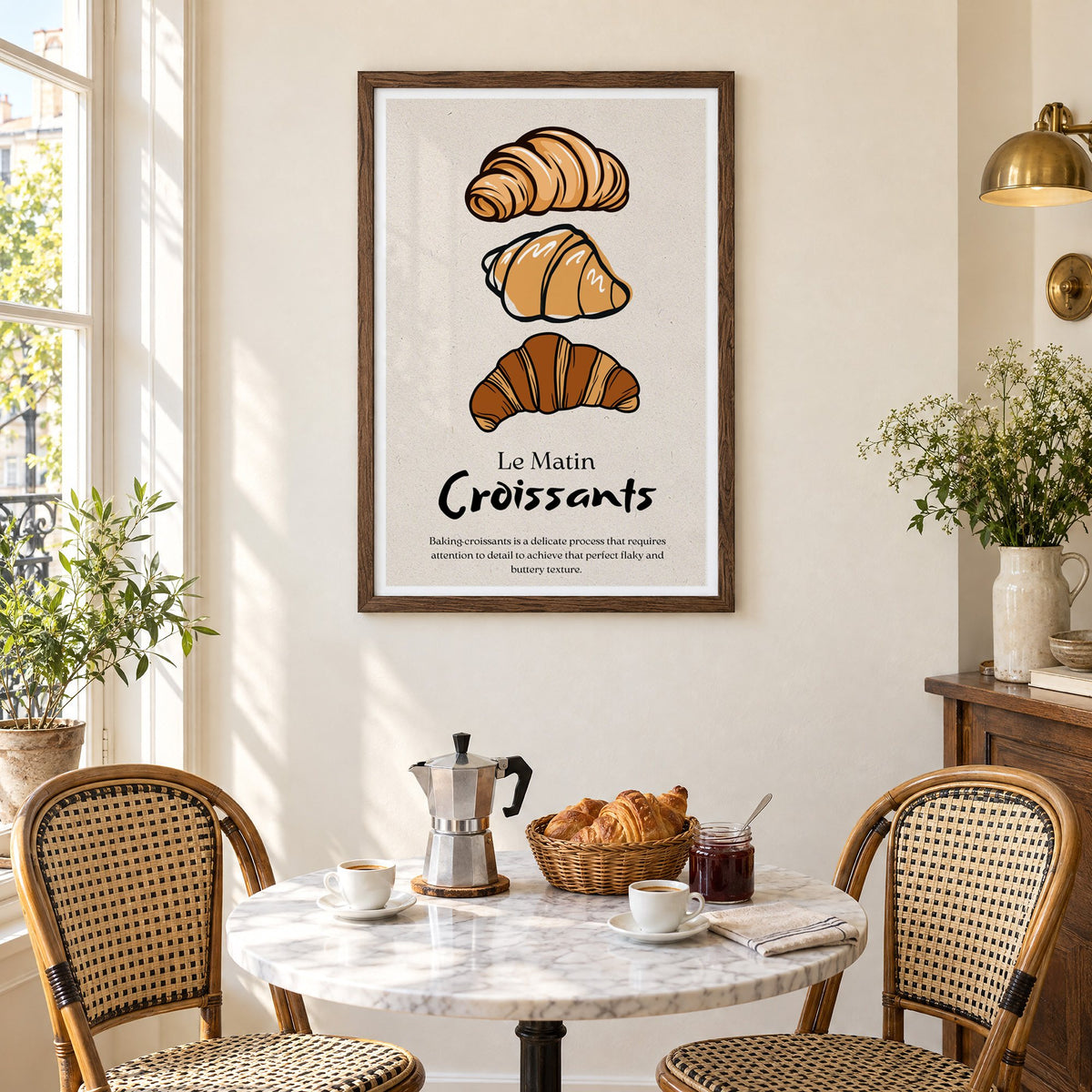 Le Matin Croissants three croissants print in a walnut frame above a marble bistro table with croissants and rattan chairs
