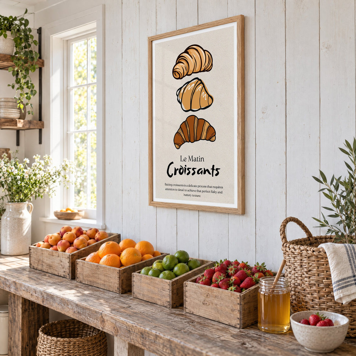 Le Matin Croissants three croissants print in an oak frame on white plank walls above wooden crates of fresh fruit, seen at an angle