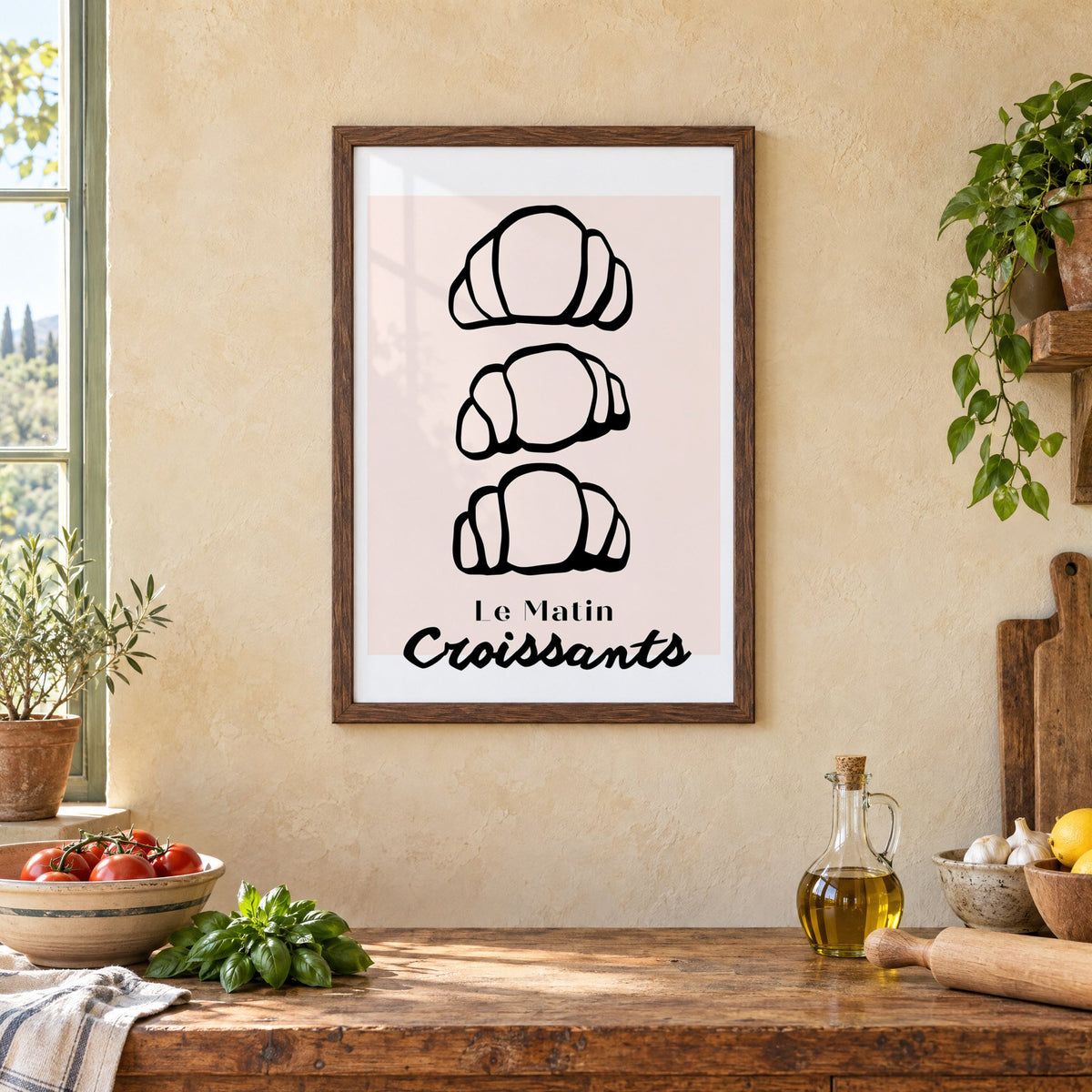 Le Matin black outline croissants print in a walnut frame above a rustic Italian kitchen table with tomatoes