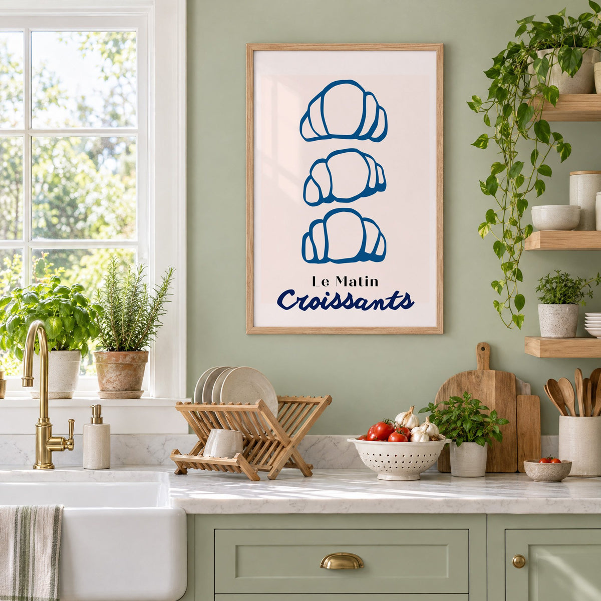 Le Matin blue croissants print in an oak frame on a sage green kitchen wall beside a farmhouse sink and herbs