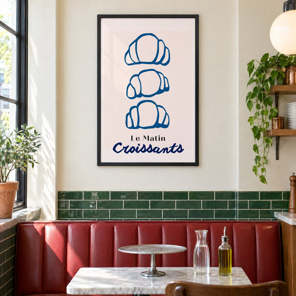 Le Matin blue croissants print in a black frame above a red leather booth in a sunny pizzeria