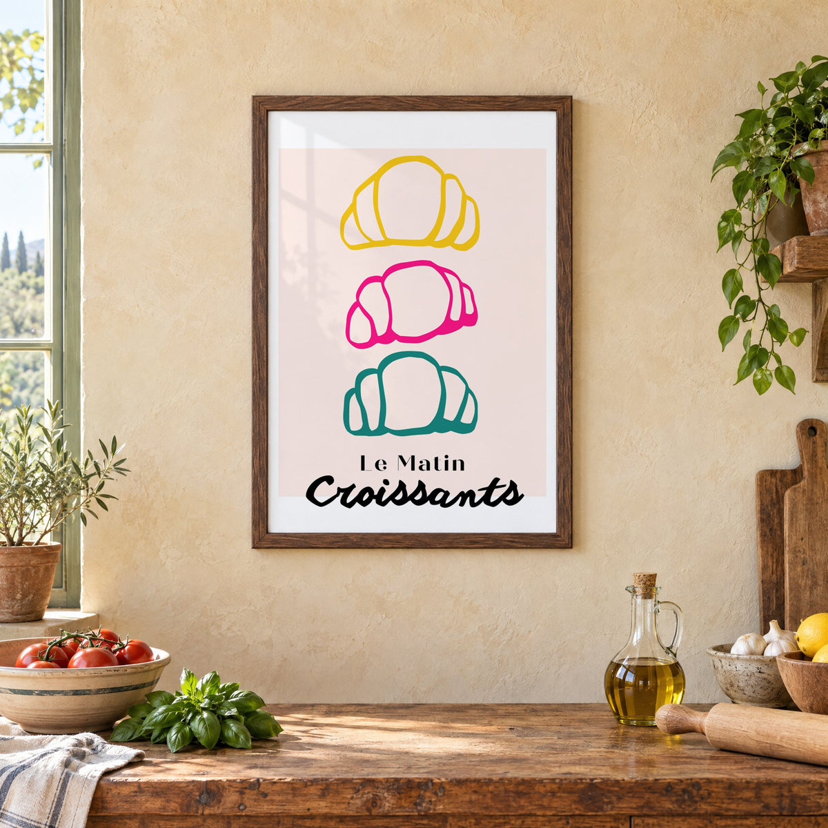 Le Matin colorful croissants print in a walnut frame above a rustic Italian kitchen table with tomatoes