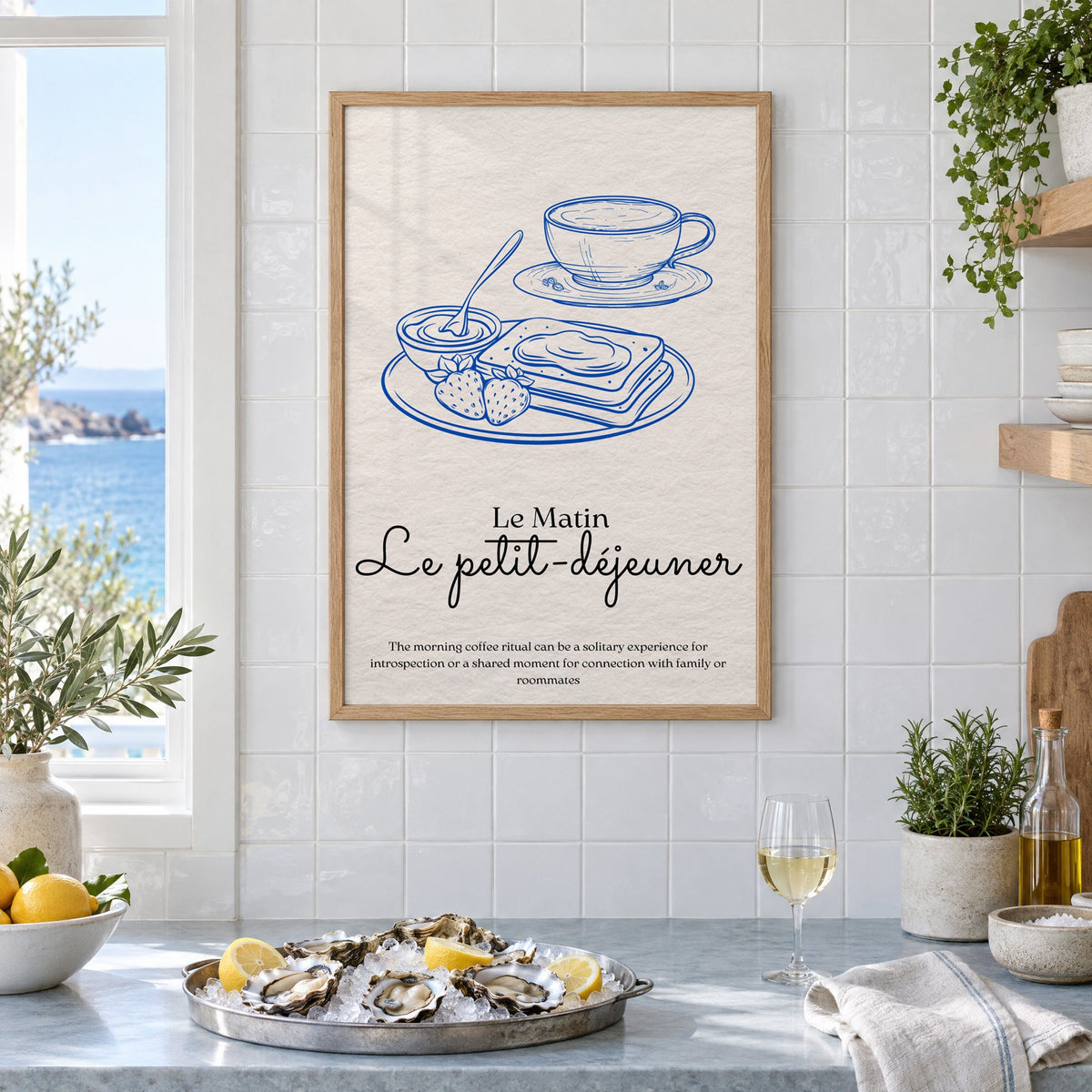 Le petit-dejeuner cobalt engraved breakfast print in an oak frame on white tiles above a marble counter with oysters and lemons by a sea view