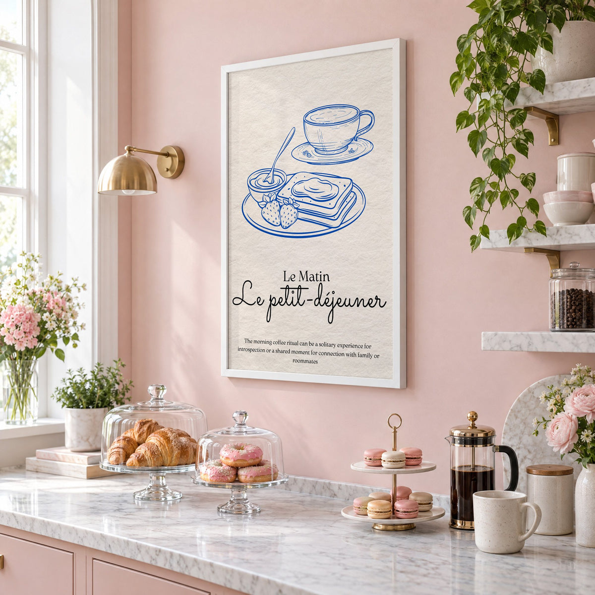 Le petit-dejeuner cobalt engraved breakfast print in a white frame on a blush pink wall above a patisserie counter with croissants and macarons, seen at an angle