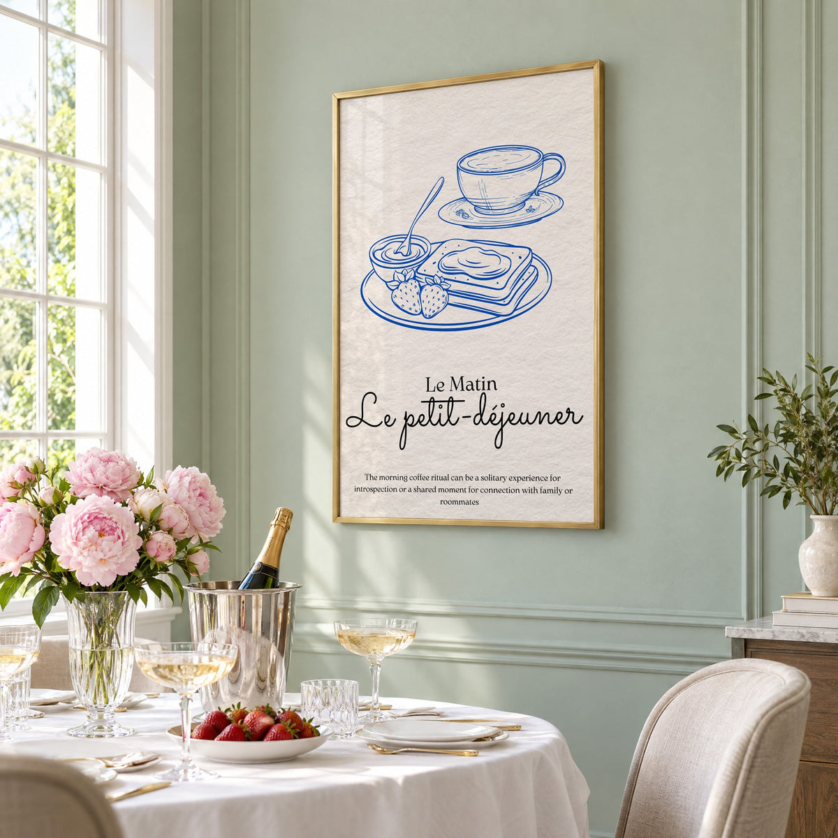 Le petit-dejeuner cobalt engraved breakfast print in a brass frame on a sage wall above a brunch table with champagne and peonies, seen at an angle