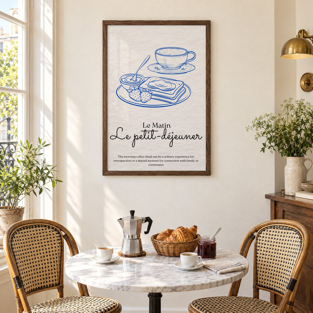 Le petit-dejeuner cobalt engraved breakfast print in a walnut frame above a marble bistro table with croissants and rattan chairs