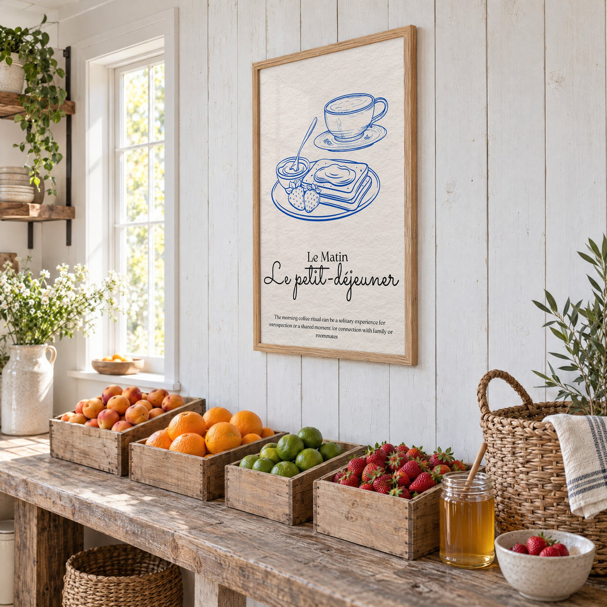 Le petit-dejeuner cobalt engraved breakfast print in an oak frame on white plank walls above wooden crates of fresh fruit, seen at an angle