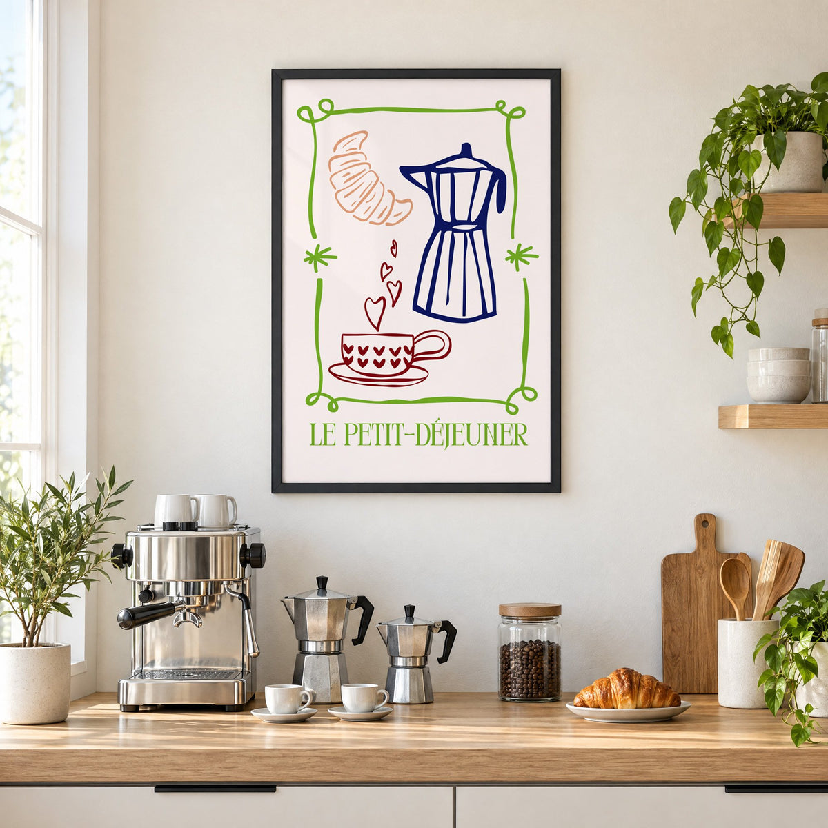 LE PETIT-DÉJEUNER moka pot and croissant print in a black frame above a home espresso bar with moka pots and espresso cups