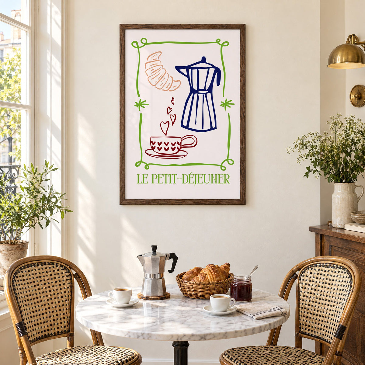 LE PETIT-DÉJEUNER moka pot and croissant print in a walnut frame above a marble bistro table with croissants and rattan chairs