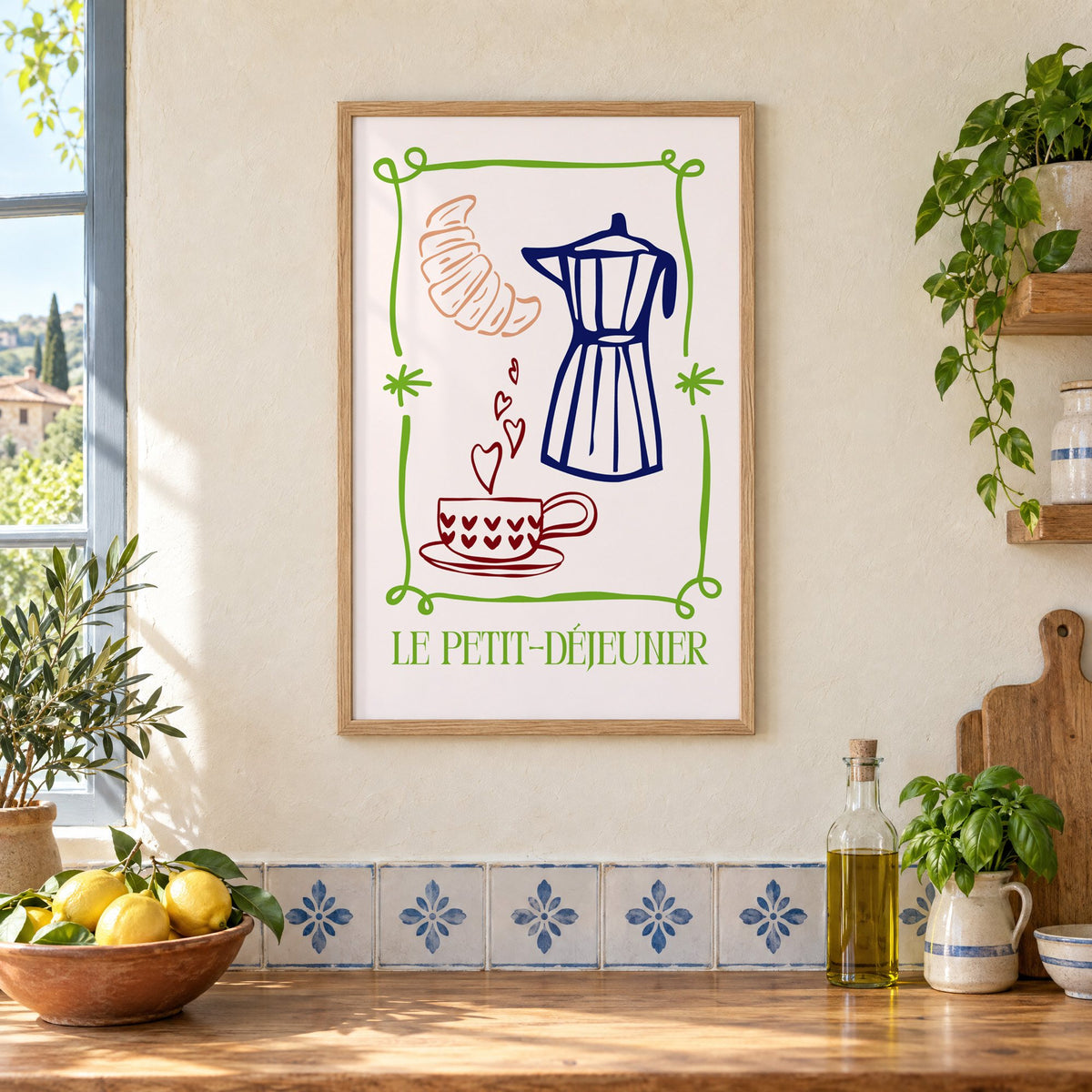 LE PETIT-DÉJEUNER moka pot and croissant print in an oak frame on a cream plaster wall above a worktop with a bowl of lemons and blue-and-white tiles