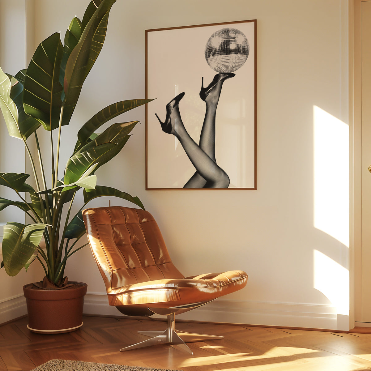Legs in heels balancing a disco ball print in a walnut frame above a leather lounge chair