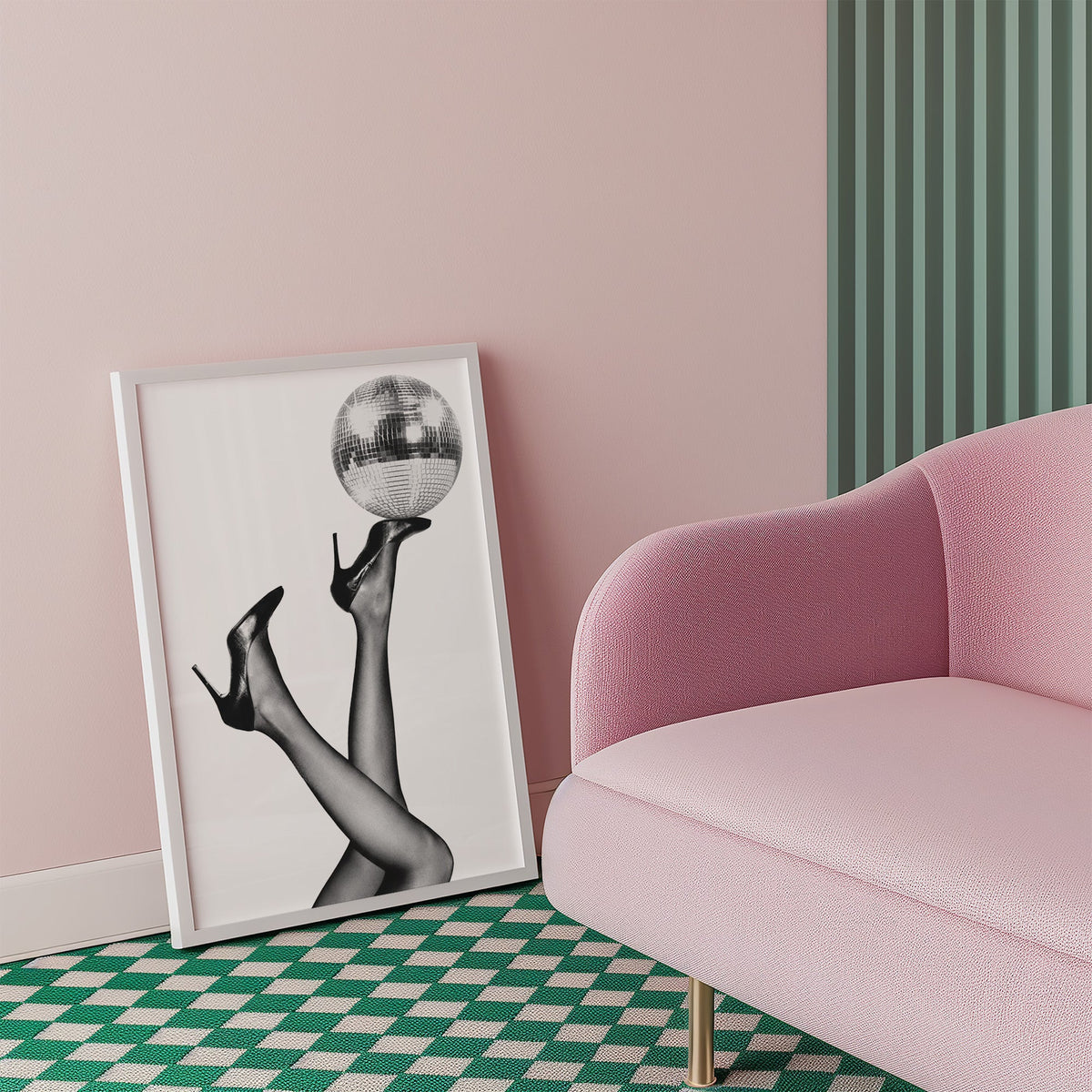 Legs in heels balancing a disco ball print in a white frame beside a pink armchair on a checkered floor