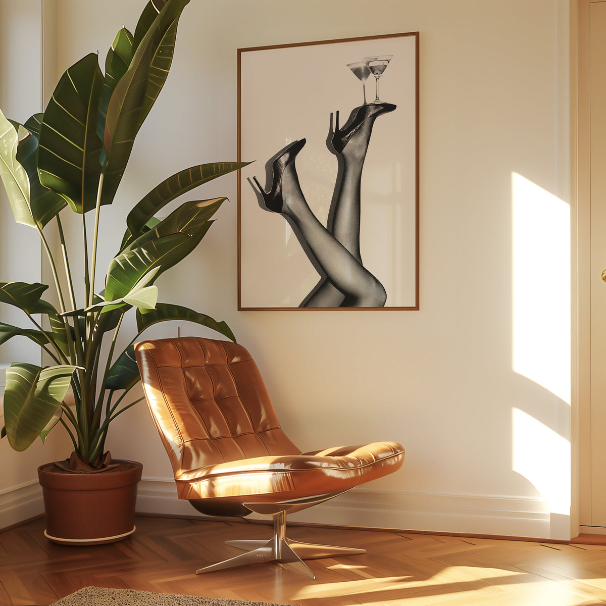 Legs in heels balancing two martini glasses print in a walnut frame above a leather lounge chair