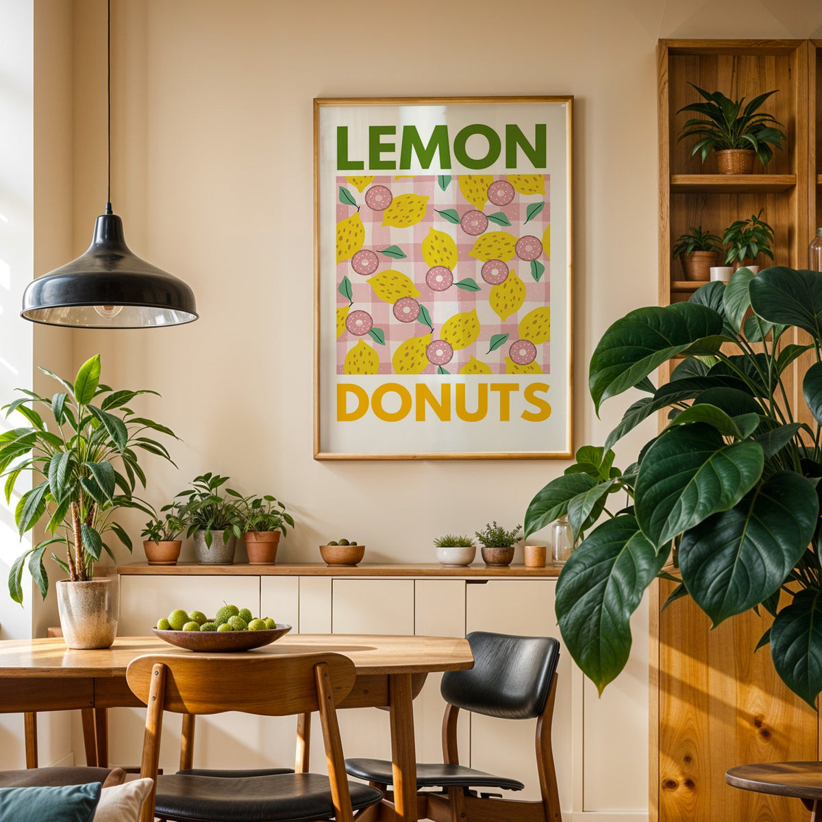 Lemon and donuts print in an oak frame in a dining room above a plant-lined sideboard