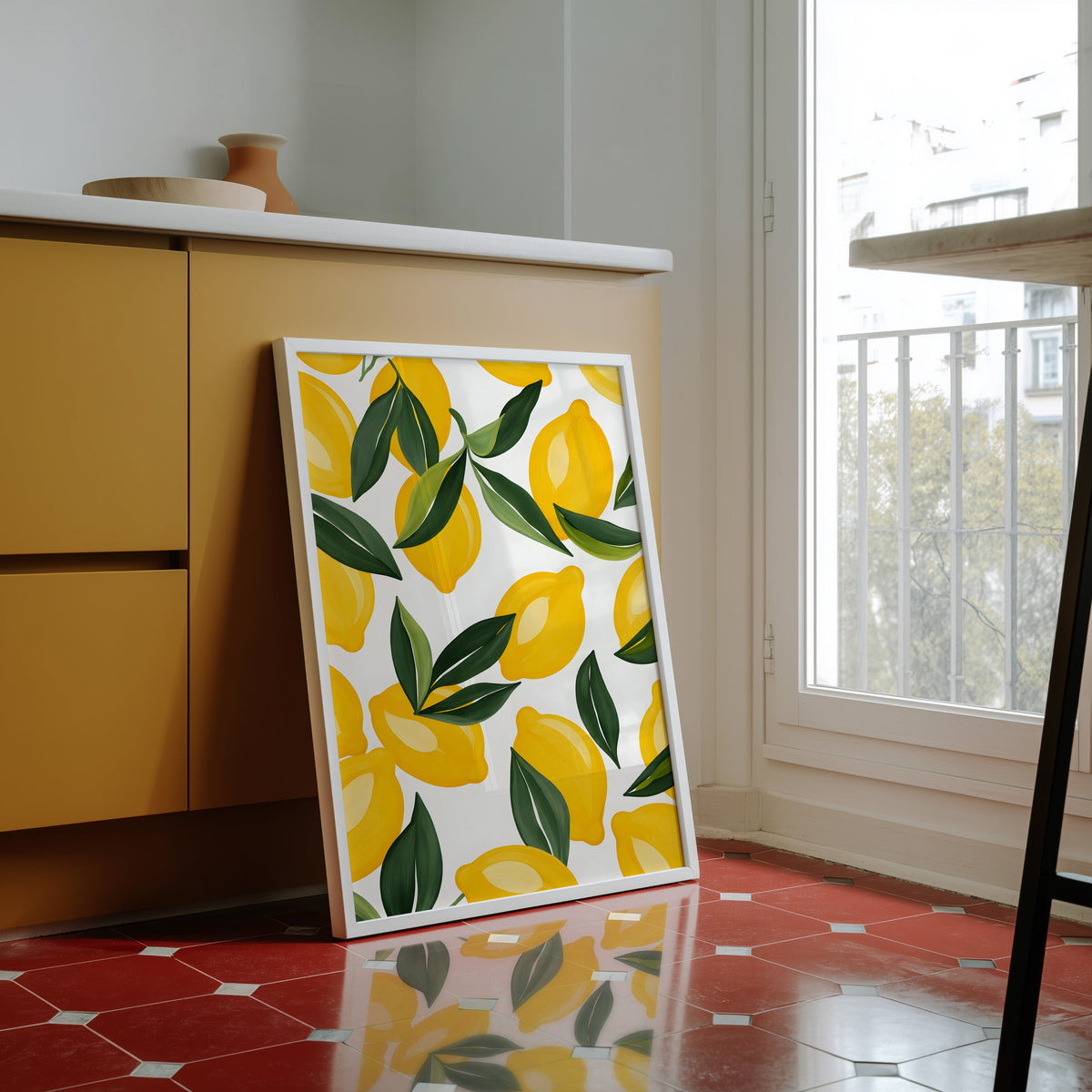 Lemon pattern print in a white frame against yellow cabinets on a red tiled floor
