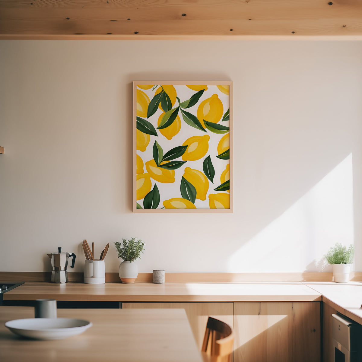 Lemon pattern print in an oak frame above a wood counter with a moka pot and herbs
