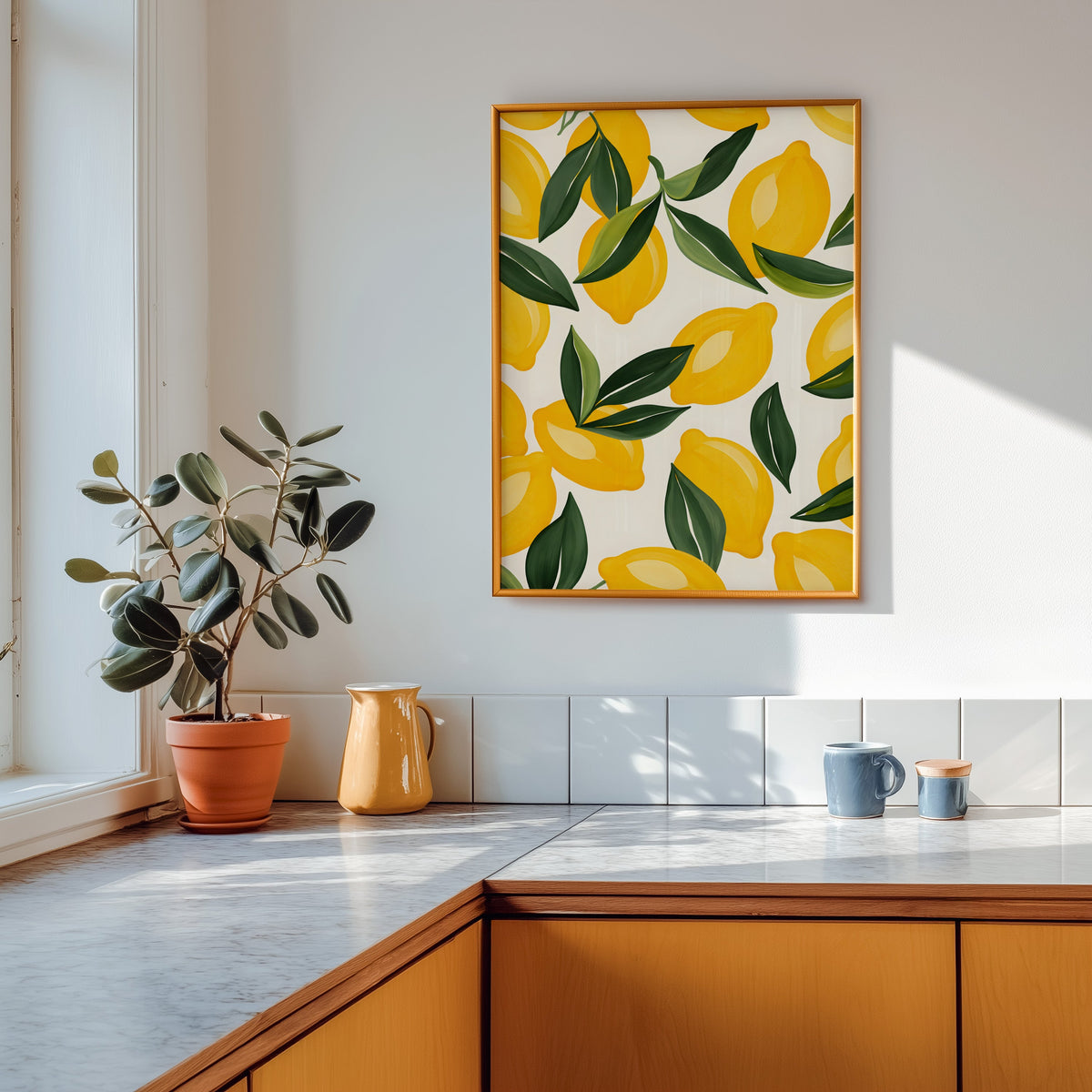 Lemon pattern print in a gold frame above a marble counter with a yellow ceramic jug