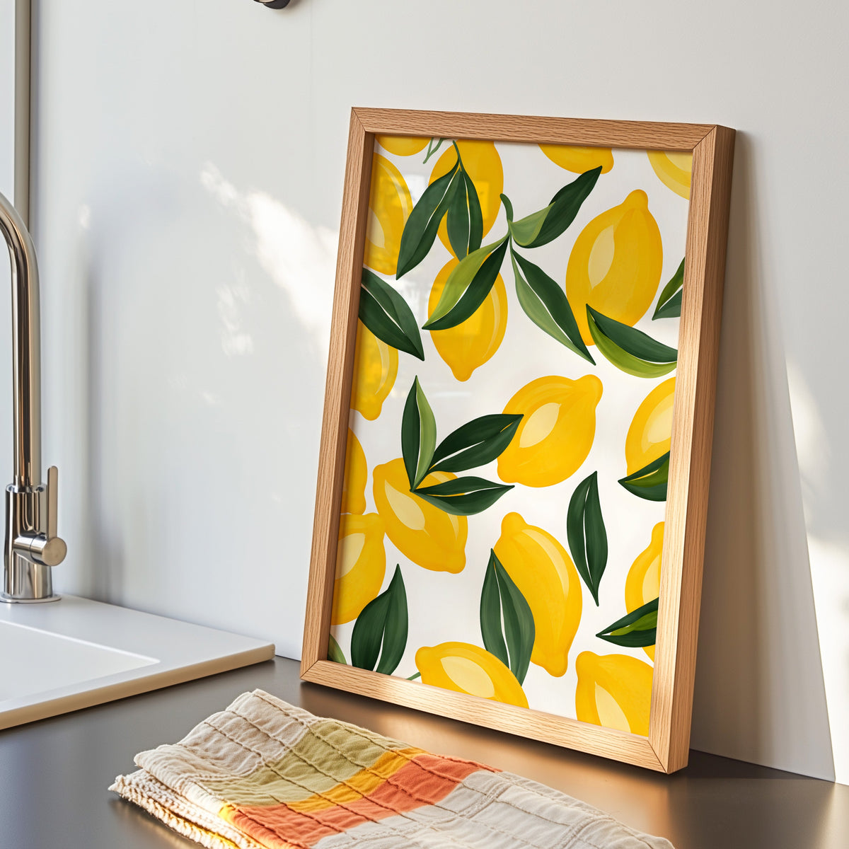 Lemon pattern print in an oak frame by the kitchen sink beside a striped tea towel