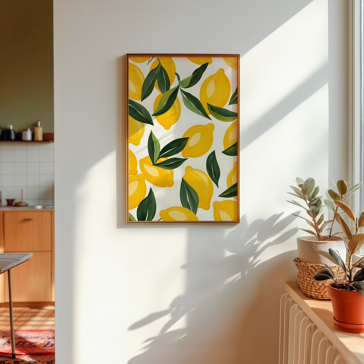 Lemon pattern print in a gold frame in sunlight with plants and a kitchen beyond