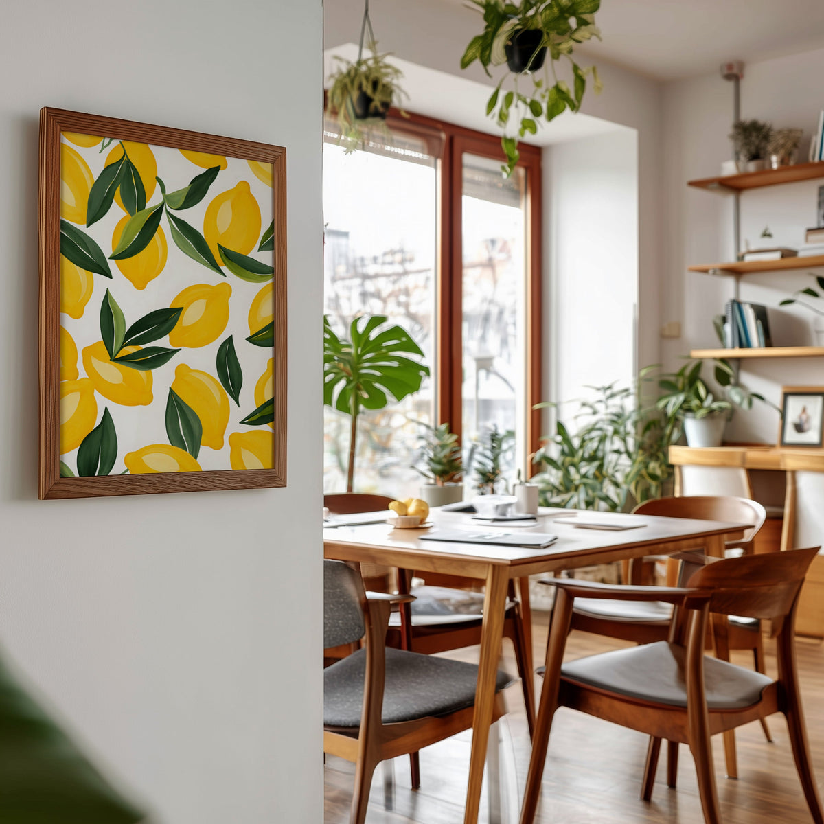 Lemon pattern print in a walnut frame beside a mid-century dining table