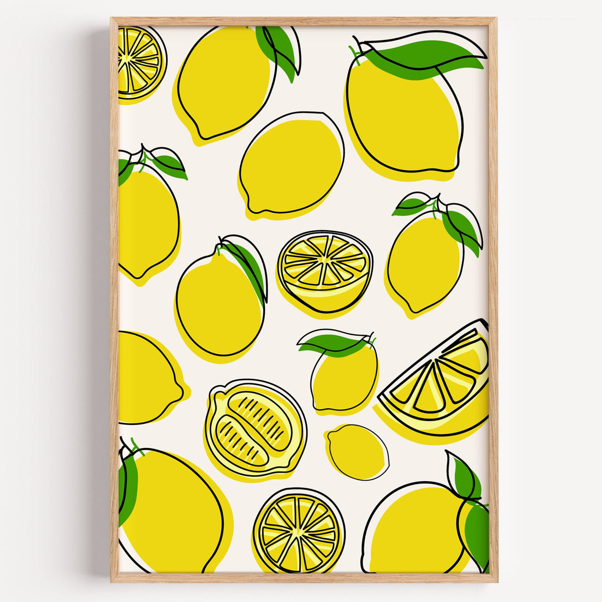 Lemon line art offset pattern print in a light oak frame on a plain white wall