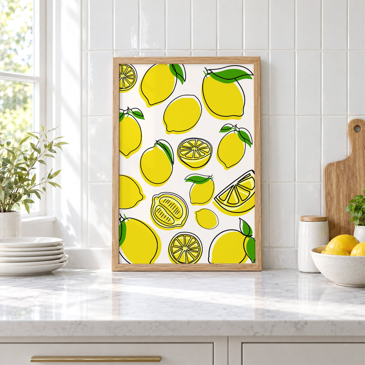 Lemon line art offset pattern print in an oak frame leaning on a marble counter by white tiles and lemons