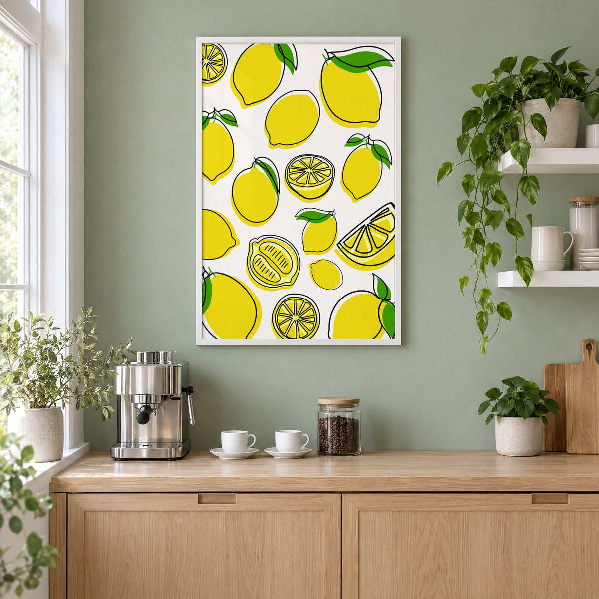 Lemon line art offset pattern print in a white frame on a sage green coffee nook wall above an espresso machine