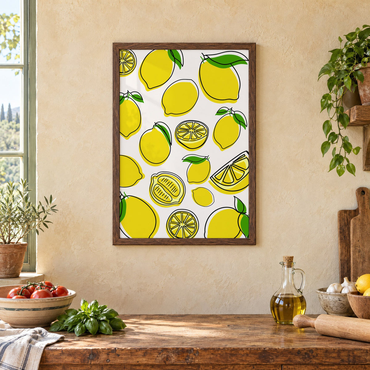 Lemon line art offset pattern print in a walnut frame above a rustic Italian kitchen table with tomatoes