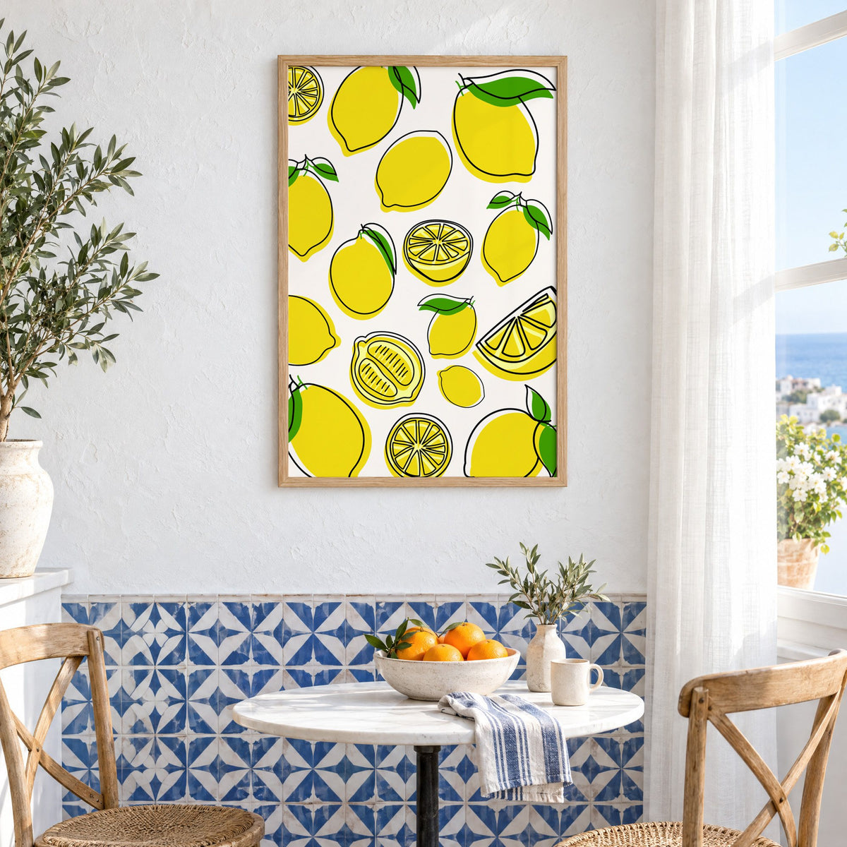 Lemon line art offset pattern print in an oak frame above a bistro table and blue patterned tiles