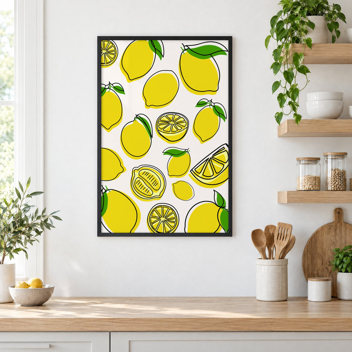 Lemon line art offset pattern print in a black frame in a white kitchen beside open wood shelves and glass jars
