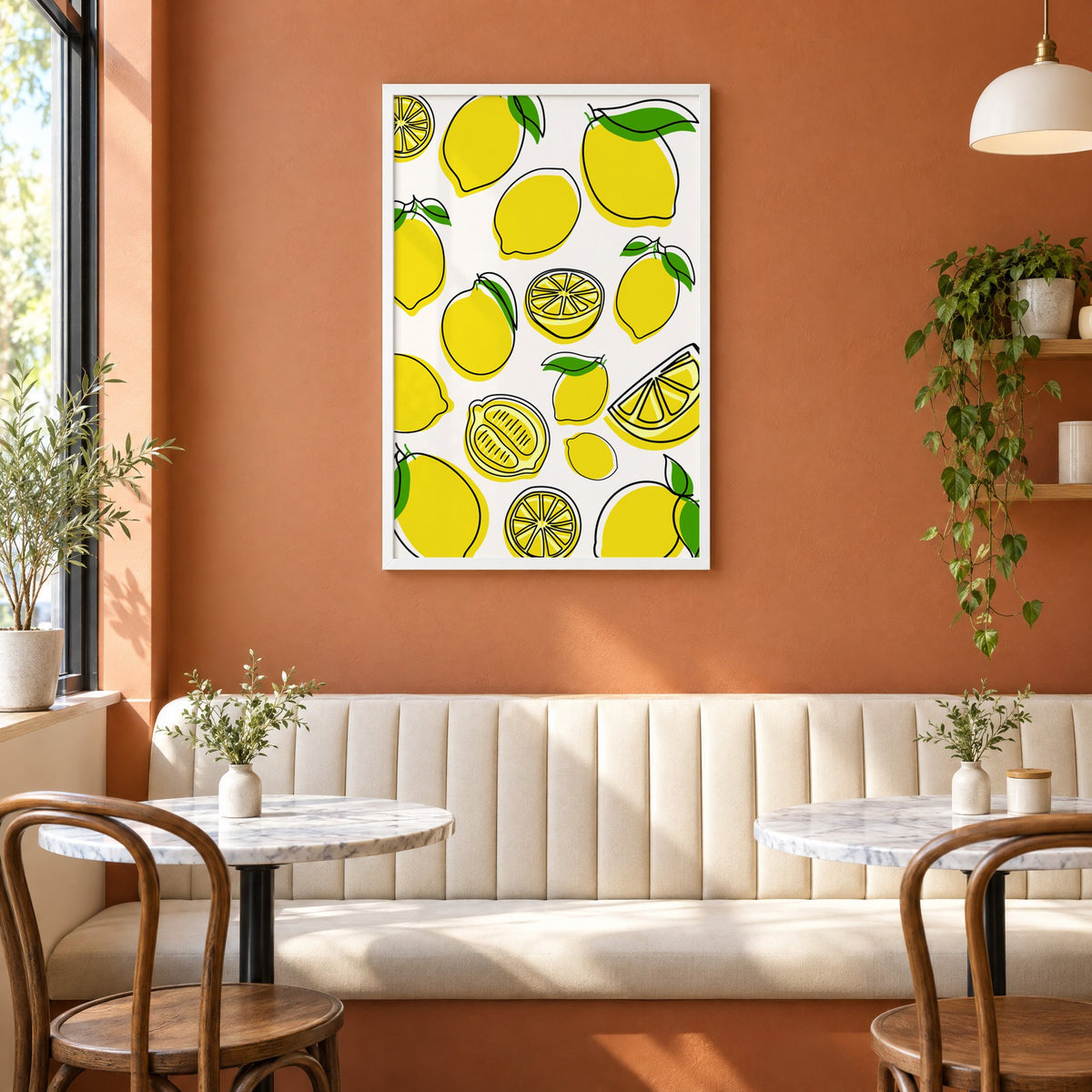 Lemon line art offset pattern print in a white frame above a cream banquette on a terracotta cafe wall