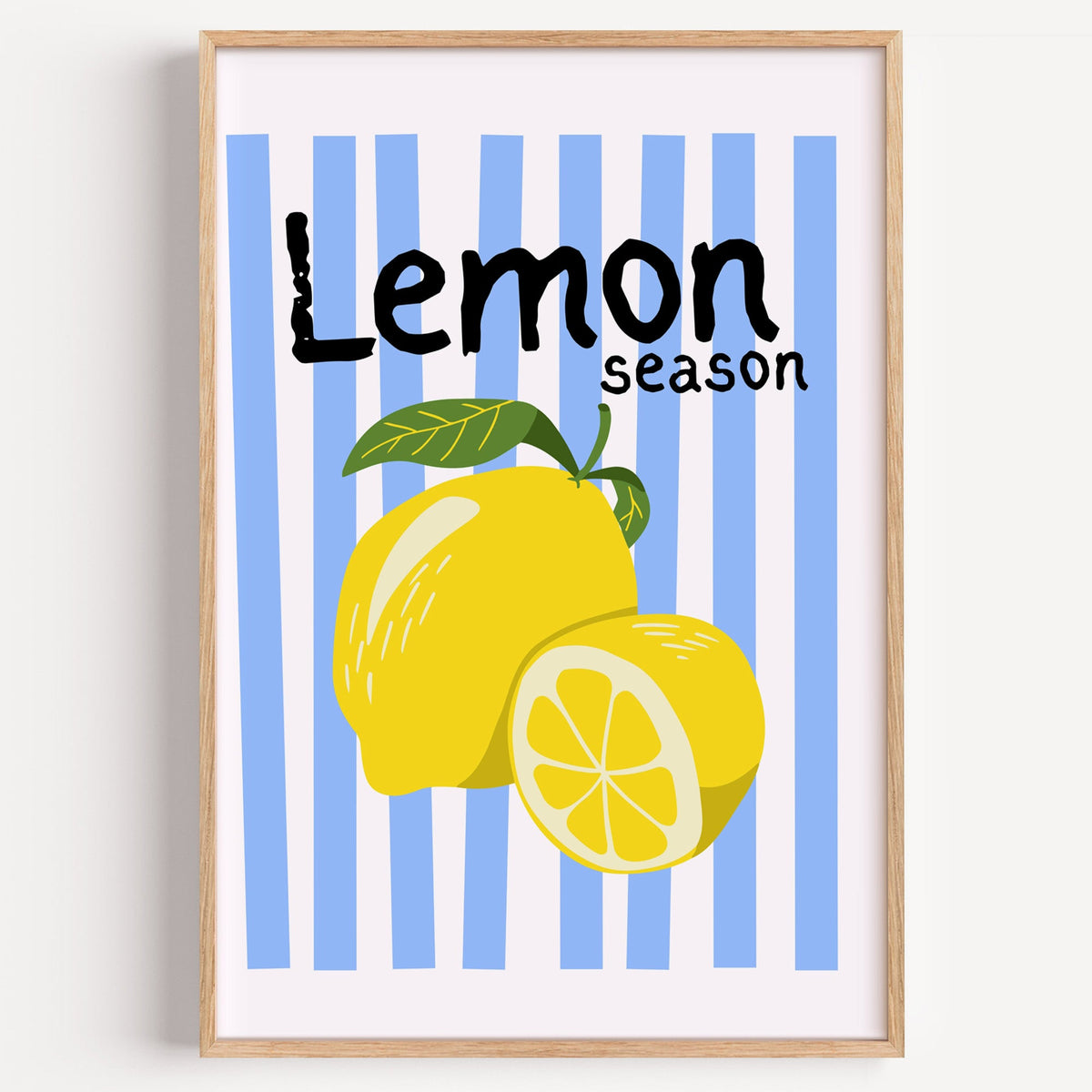 Lemon Season blue stripe print in a light oak frame on a plain white wall