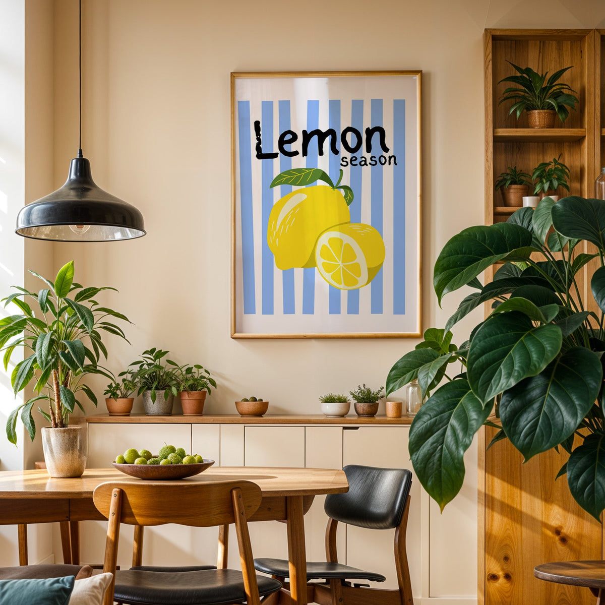 Lemon Season print in an oak frame in a dining room above a plant-lined sideboard