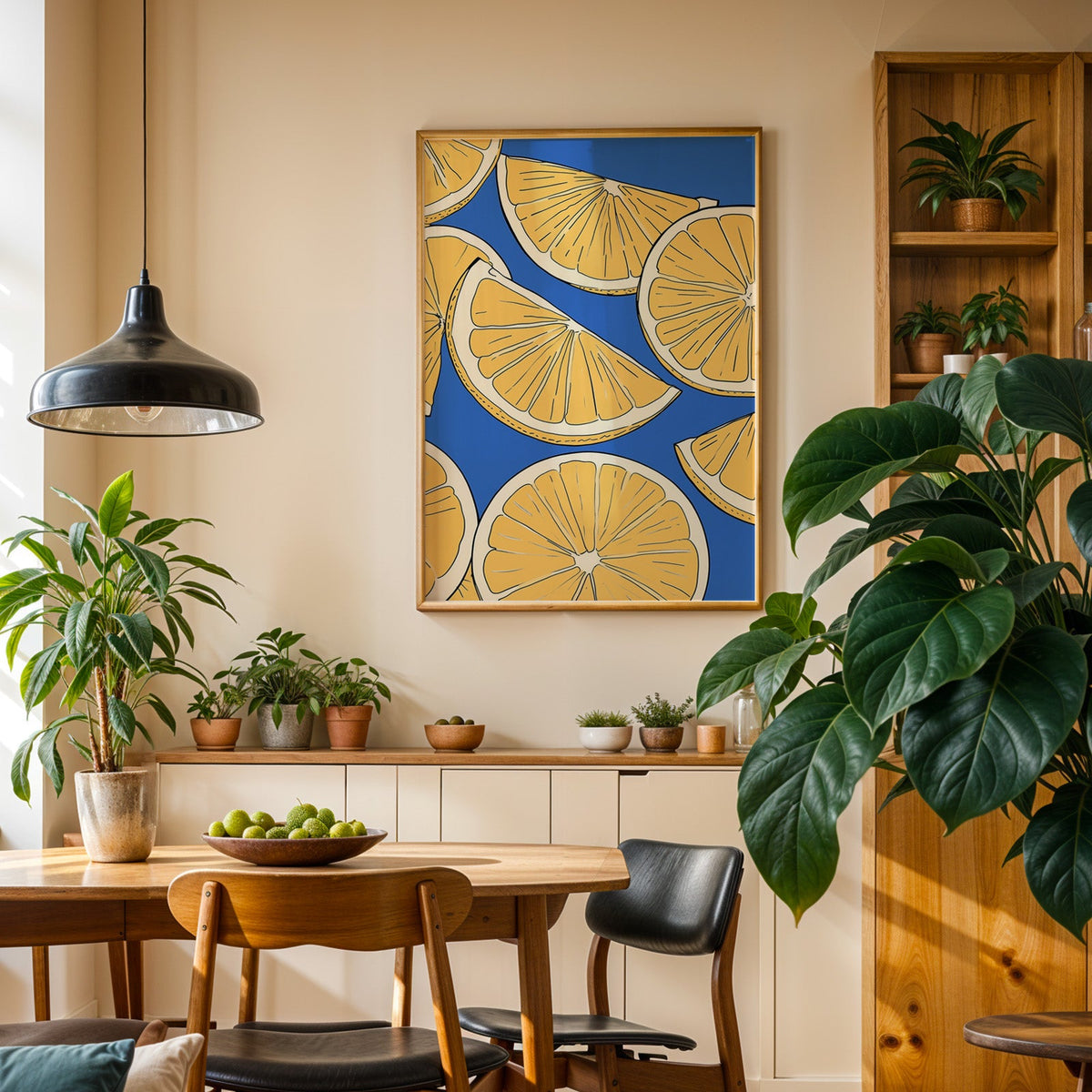Lemon slice pattern print in an oak frame in a dining room above a plant-lined sideboard