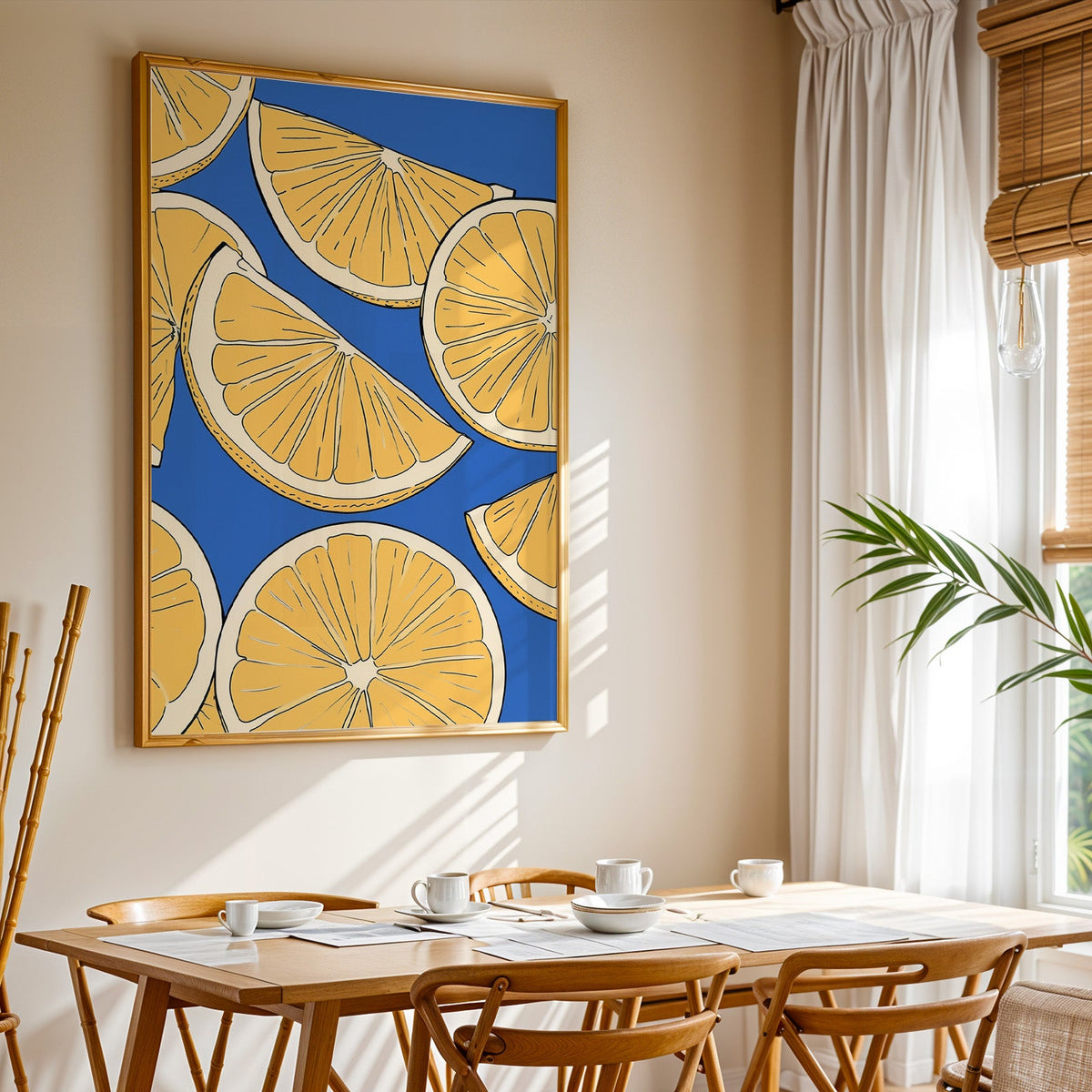 Lemon slice pattern print shown in a gold frame above a breakfast table by a curtained window