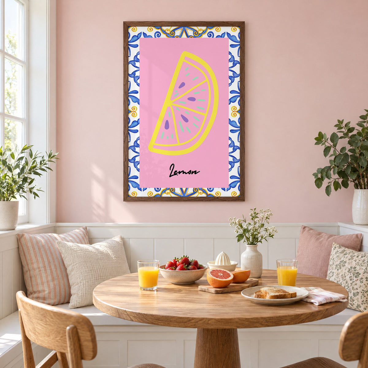 Lemon slice pink majolica tile print in a walnut frame on a pastel pink wall above a breakfast nook with strawberries and orange juice