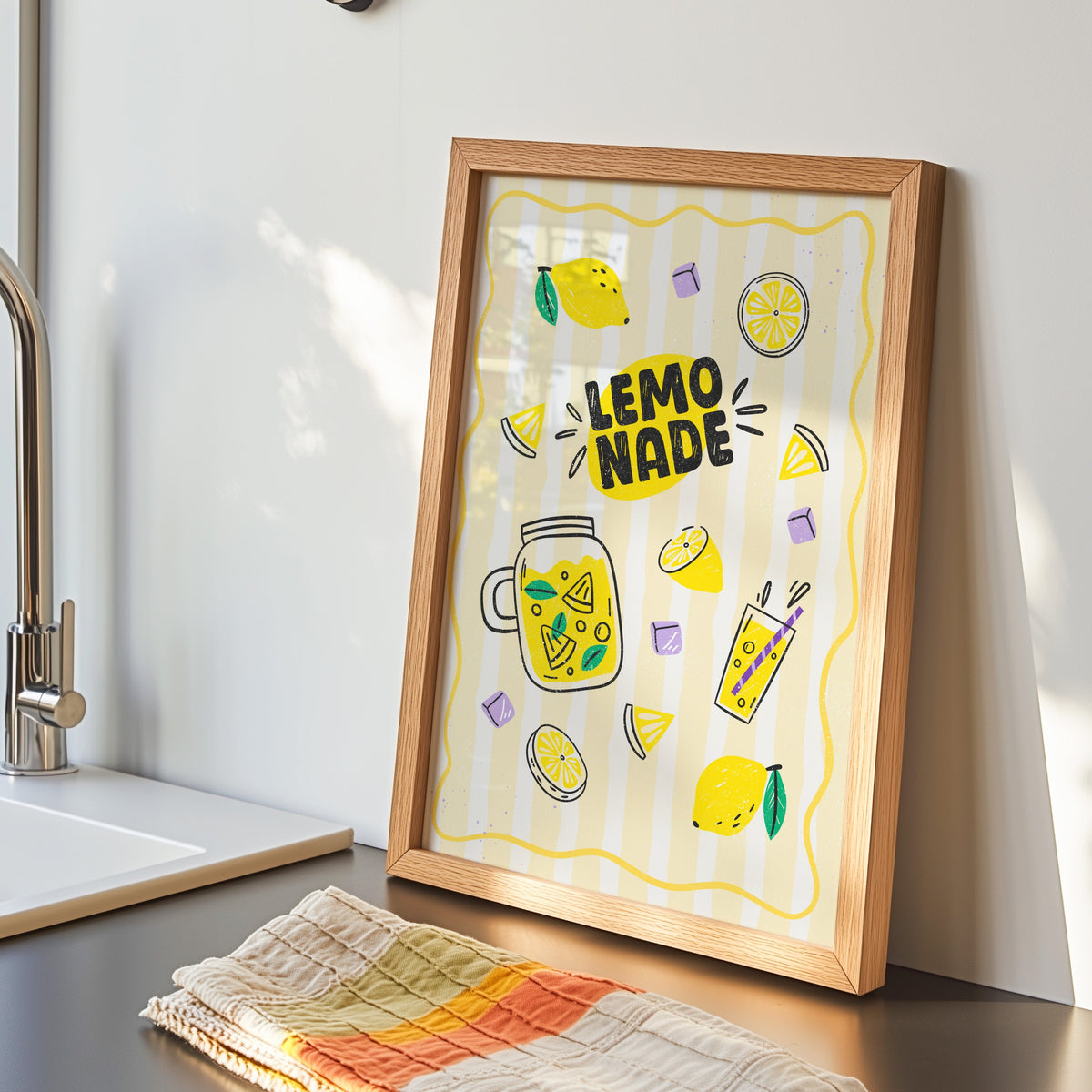 Lemonade print in an oak frame by the kitchen sink beside a striped tea towel