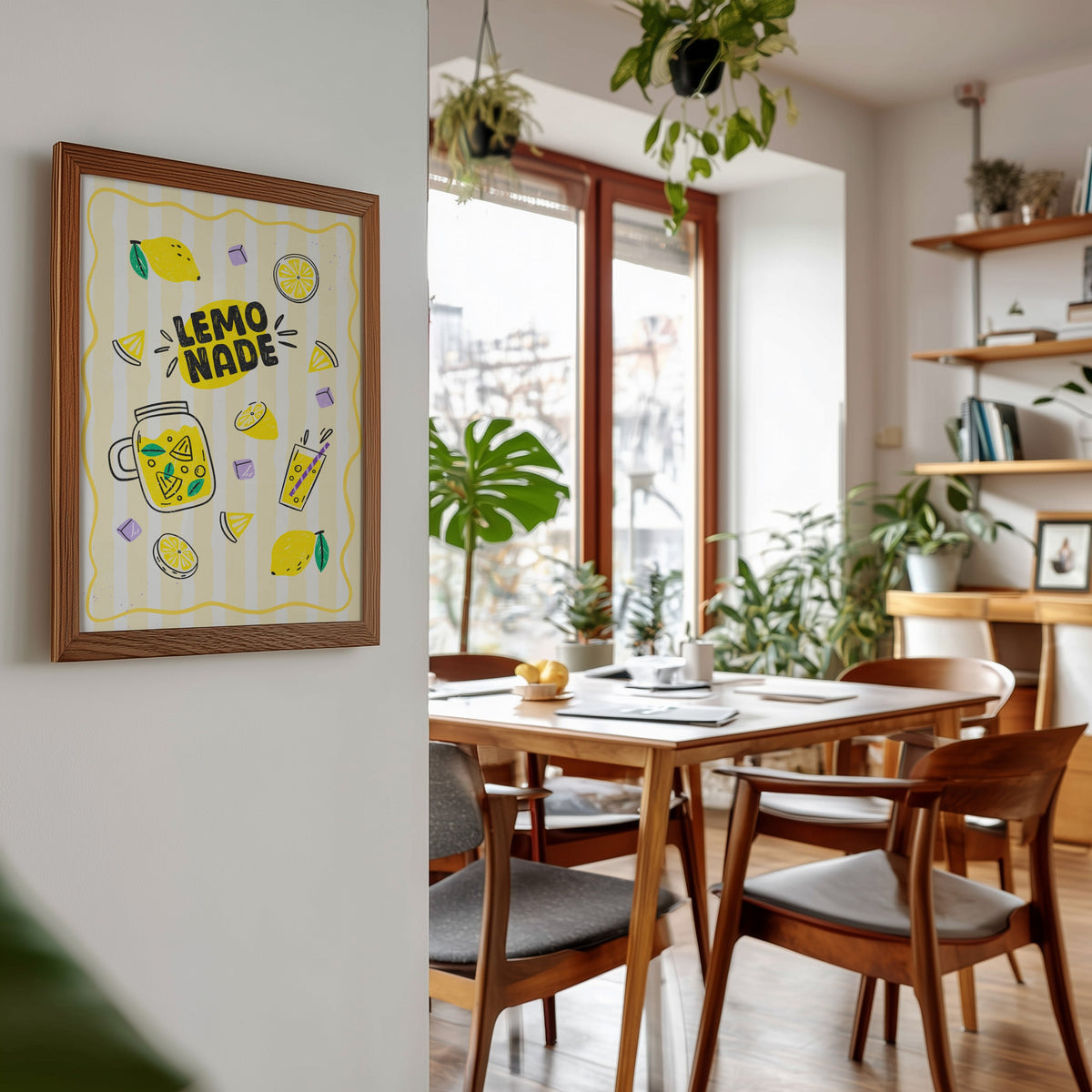 Lemonade print in a walnut frame beside a mid-century dining table