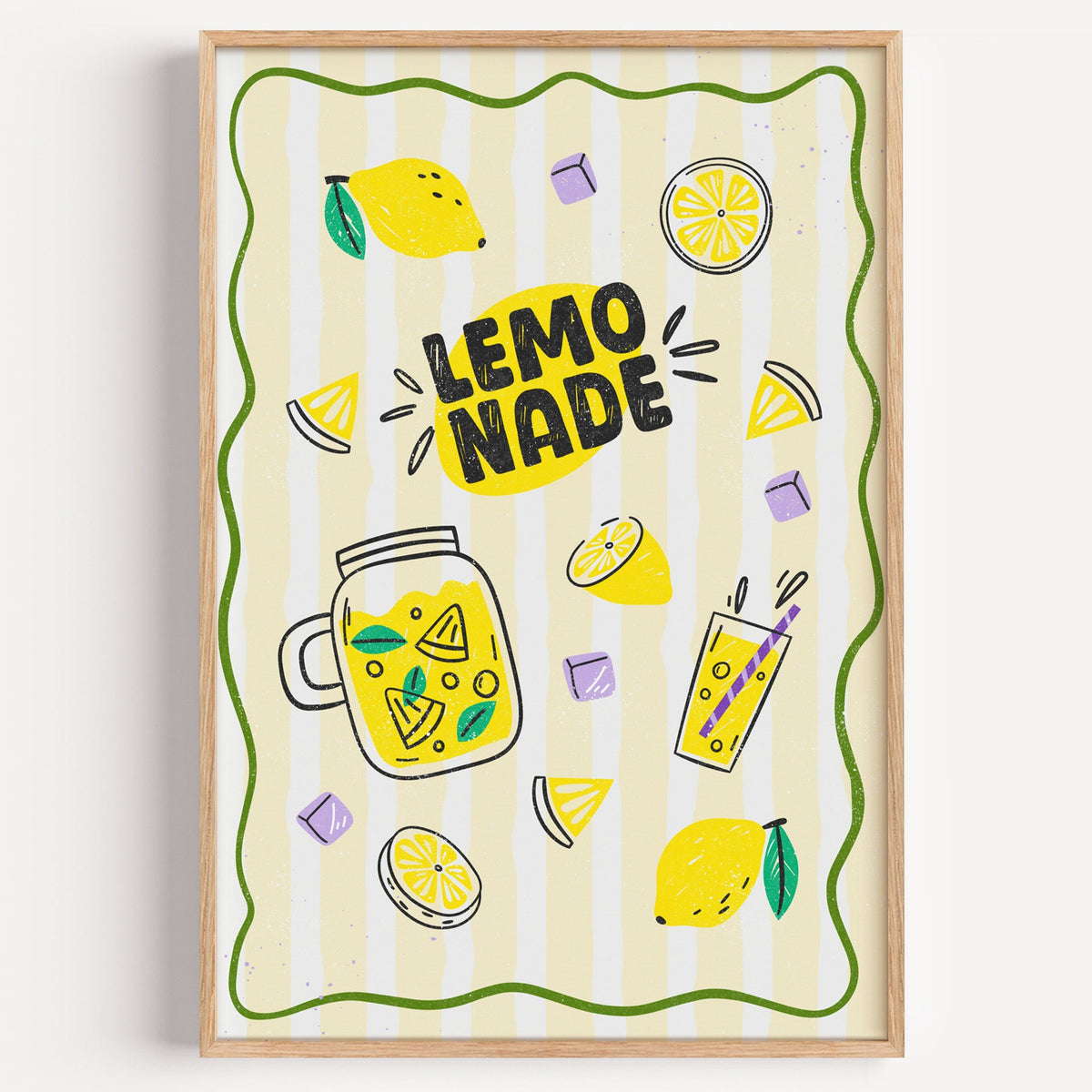Lemonade Stand yellow stripe print in a light oak frame on a plain white wall